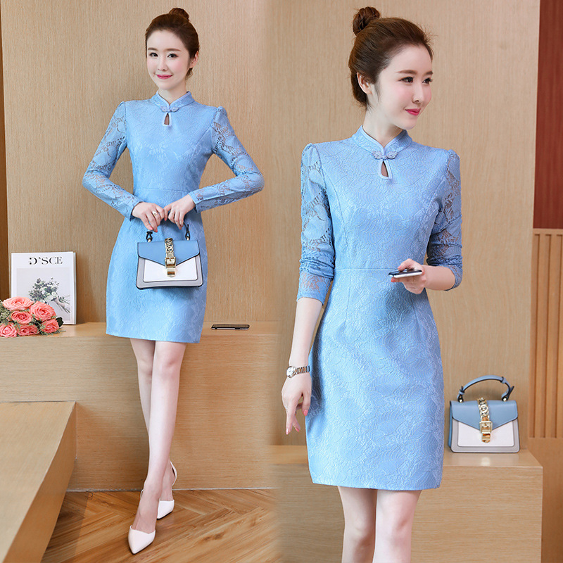 中长款加大加厚中国风改良旗袍显瘦复古蕾丝长袖连衣裙女带绒修身