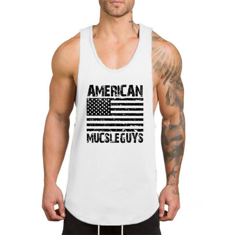 男士背心纯棉t弹力打底内衣全棉运动背心男wish印花健美肌肉男汗