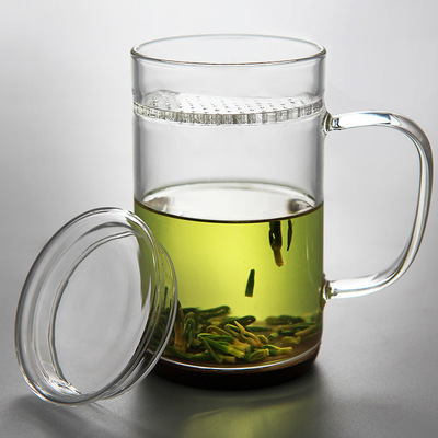 帶蓋耐熱玻璃木底月牙杯綠茶杯 帶把透明過濾玻璃茶杯泡茶杯定制