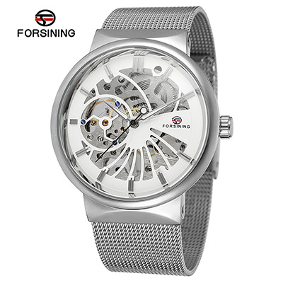 Nuevo reloj mecánico manual de la correa de acero de la moda de los hombres de FORSINING126 hueco-hacia fuera el reloj transparente del diseño para los hombres