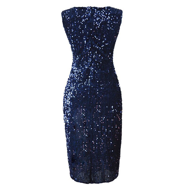 Sleeveless Crew Neck All Over Sequin Midi Dress, Velvet Base High Side Split Asymmetrical Hem Bodycon Cocktail Party Dress 4 Colors_ecoleips.com