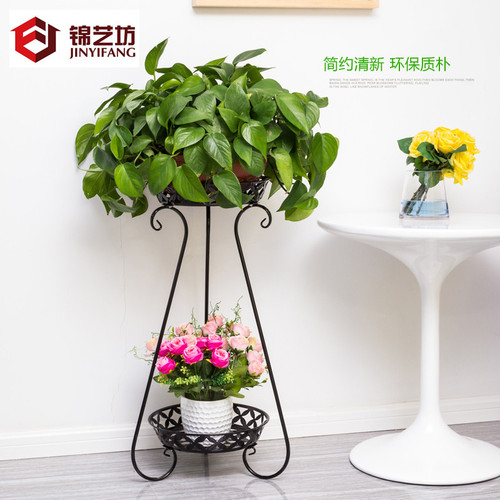 78# Wholesale Iron Flower Stand Indoor Double Layer Multi-functional Floor-standing Balcony Planter Shelf Multi-level Flower Stand