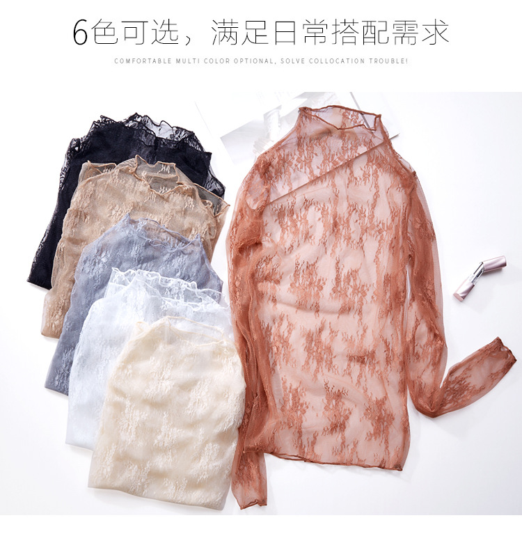 Super fairy-like innerwear lace base shirt for women 2020 new long-sleeved sexy cut-out mesh top semi-high neck lace shirt pic 4