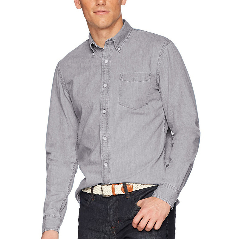 Amazon Foreign Trade European and American Men's Solid Color Cotton Casual European and American Slim Fit Shirt Denim Long Sleeve Men's Shirt