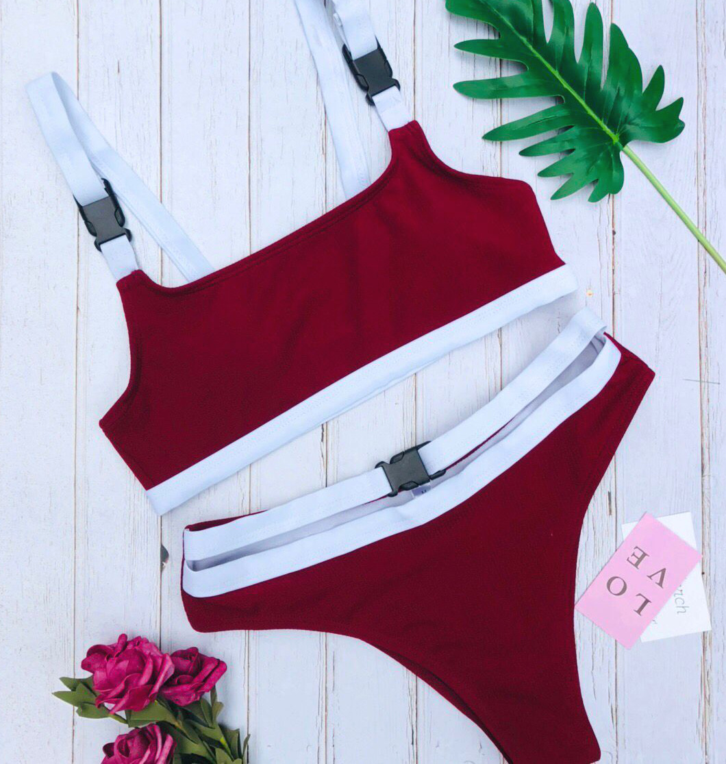 Color Matching Buckle Bikini Split 2 Piece Set Swimsuit NSCMB98657