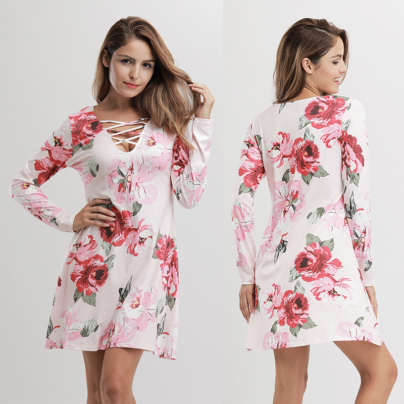 Summer Floral Cross Neck Sexy Mini Dress Loose Fit Pleated Skirt Short Sleeve Casual Wear Beach or Party