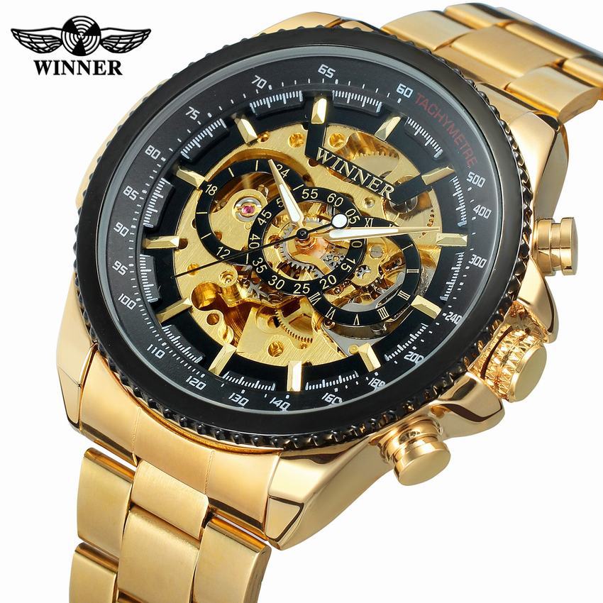 Ganador hombres de moda casual reloj hueco movimiento mecánico gran dial reloj de oro reloj mecánico automático 428