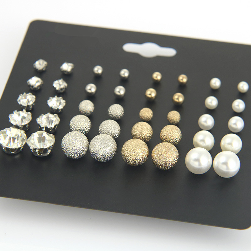 Einfache Perlenohrringe Sechs-krallen-zirkon Eingelegte Diamantperle Geometrische Ohrringe 20 Paar Set display picture 1