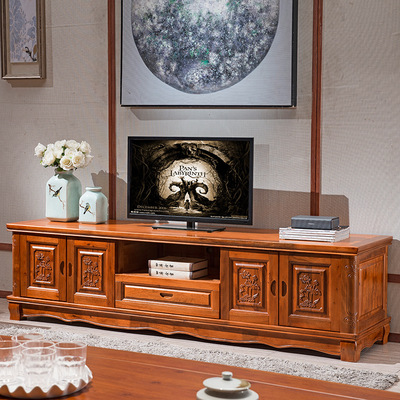 现代中式实木影视柜客厅整装储物柜木质雕刻地柜香樟木电视柜批发