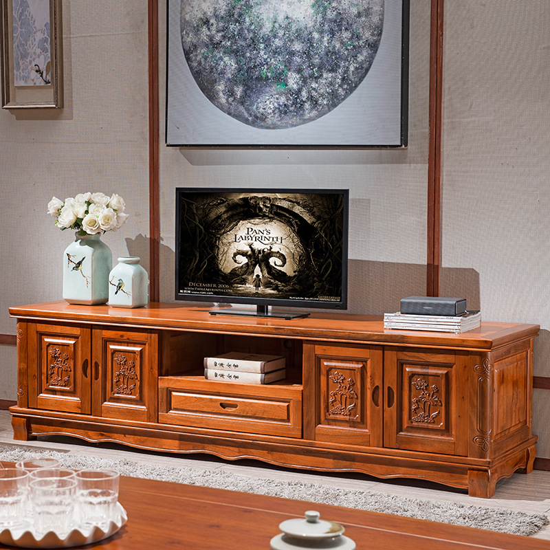 现代中式实木影视柜客厅整装储物柜木质雕刻地柜香樟木电视柜批发