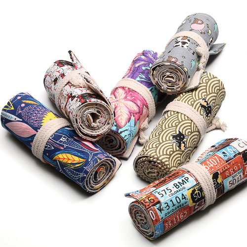Handmade canvas pen curtain 12/24/36/48/72 holes large-capacity pencil bag for boys and girls colored lead sketch pencil case