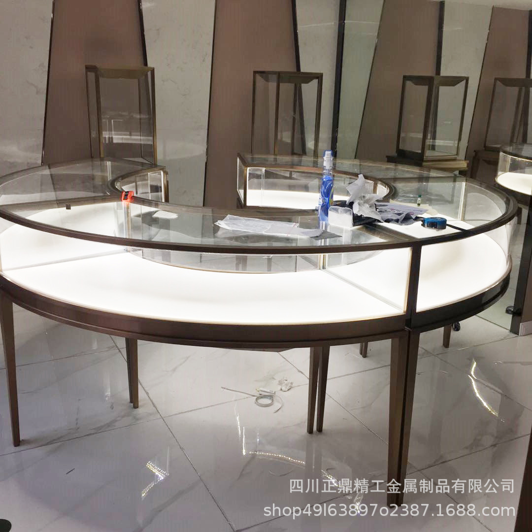 弧形珠寶展示櫃 電鍍扇形玻璃櫃玉器奢侈品會所展櫃中島圓櫃定制