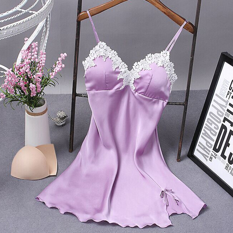 Factory direct sales Spring and summer gather show thin sexy lace silk suspender nightdress Pajama home clothes with breast pad