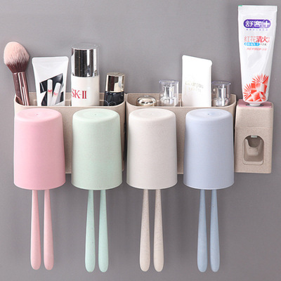 小麦牙刷架两三四口之家洗漱套装挂架漱口杯吸壁式全自动挤牙膏器