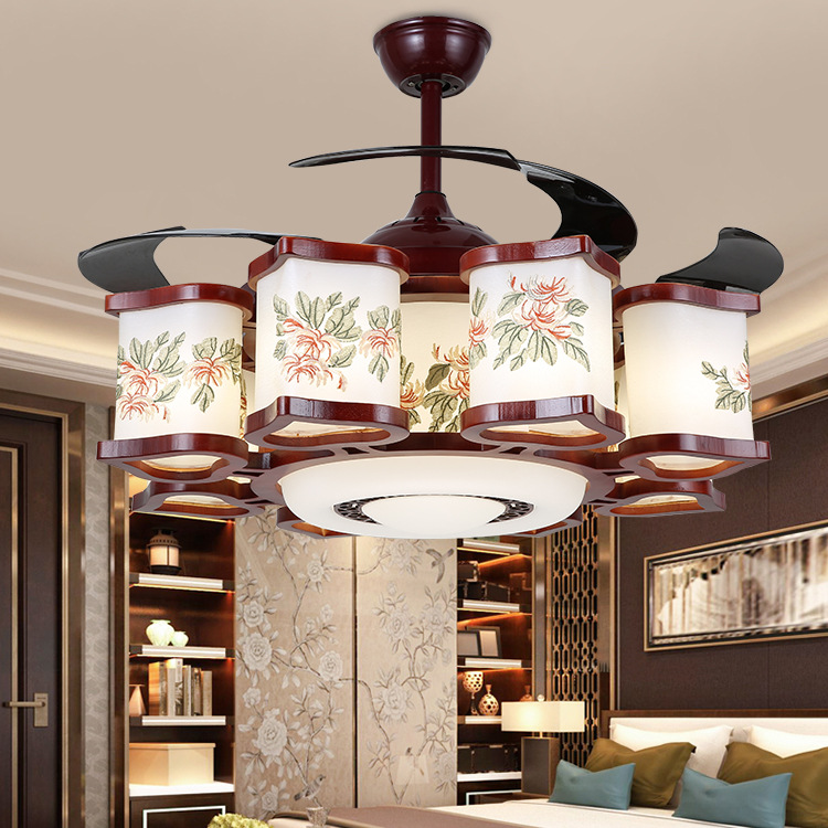 中式隐形风扇灯餐厅吊扇灯客厅灯具静音带led灯家用实木复古吊灯|ms