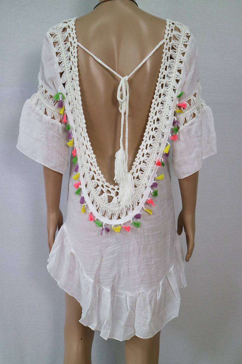 Sexy Bikini Cover Up Colorful Lantern Tassels Hollow Design U Back Tie Closure Beachwear for Summer Wholesale