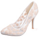 Spring lace, shallowly pointed shoes, embroidered flowers, high heels, pink, blue, white and black women's shoes.