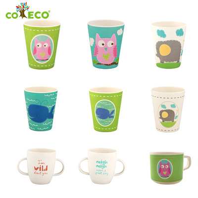 COECO Bamboo fiber children Water cup Plastic Bamboo glass Juice Cup lovely Cartoon cow Milk Cup With cover
