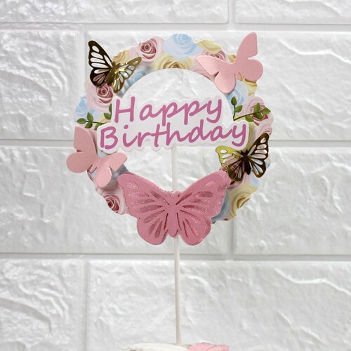 Beautiful cake decoration pink blue three-dimensional butterfly happy birthday love wedding dessert table plug-in
