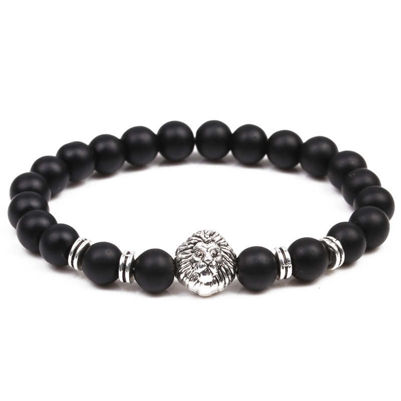 Bracelet De Perles Bouddhistes Tête De Lion En Pierre Noire Mate display picture 2