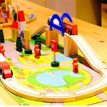 儿童木制40p城市轨道小火车立交桥场景积木娃娃益智玩具套装交通1