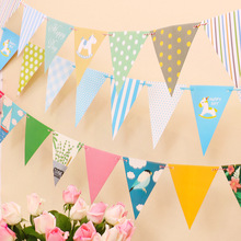 寶寶周歲布置木馬三角旗 兒童節生日派對裝飾紙質波點條紋拉旗