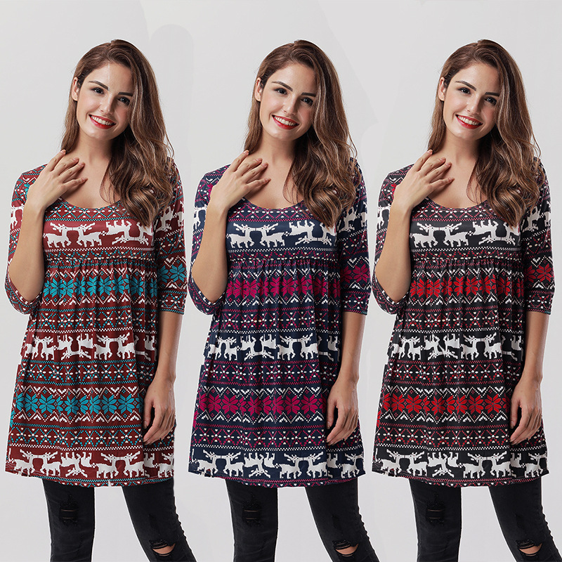 Christmas Reindeer Print Dress 3 4 Sleeve A Line Silhouette Comfortable Fabric Casual Holiday Wear Wholesale