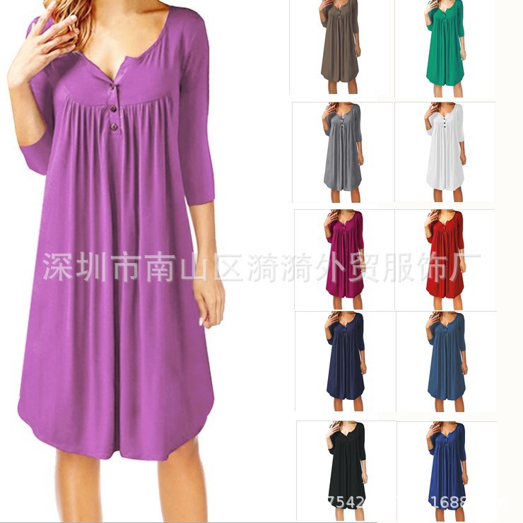 2018秋冬新款欧美女装 亚马逊爆款热卖纽扣褶皱七分袖宽松连衣裙