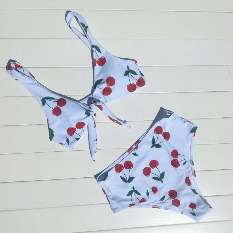 Hot selling fashion swimwear bow tie print high waist split bikini swimsuit NSHL525