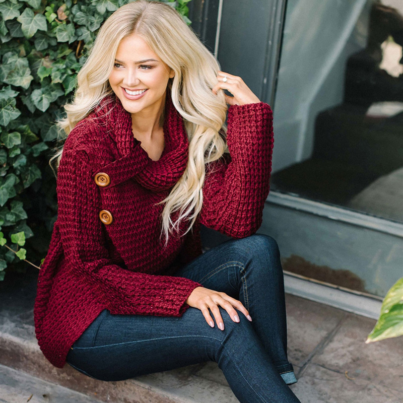 2023 Otoño e Invierno prendas de punto OL cercanías Amazon turtleneck cardigan color sólido suéter de una sola pieza de las mujeres