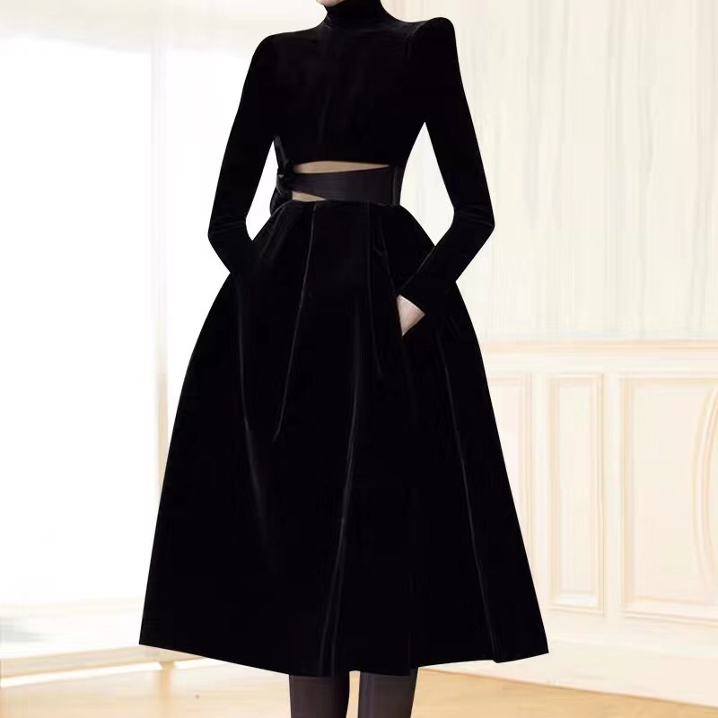 秋冬新款中长款网纱礼服蓬蓬裙显瘦黑色长袖丝绒连衣裙