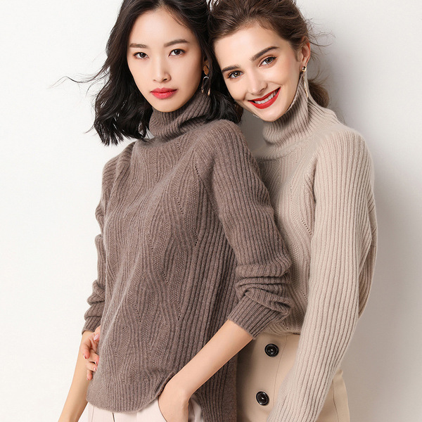 2019 new women’s high collar cashmere sweater Korean loose bottomed sweater solid color split Pullover Sweater