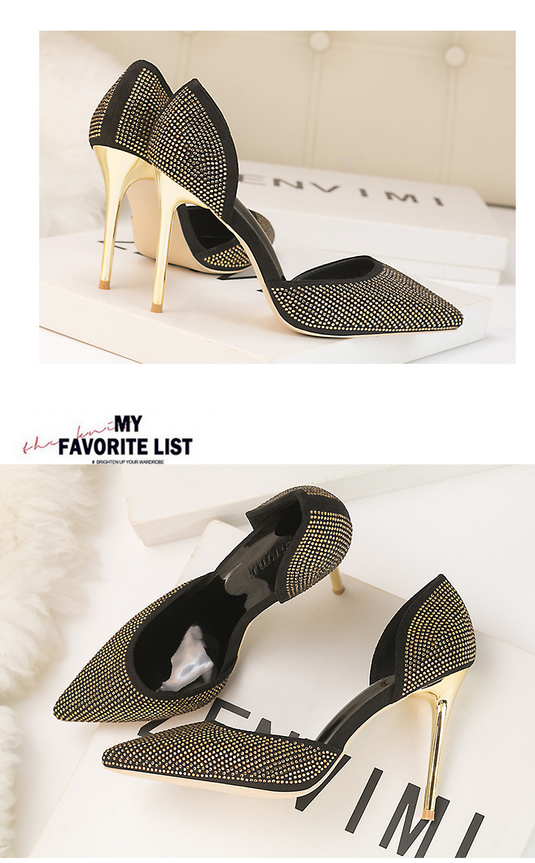 Chaussures à talons hauts super hauts élégantes et élégantes à bout peu profond et pointu avec strass brillants creux pour femmes_voghion.com