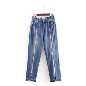 Fashion high waist water-washed zipper spliced open fork jeans 