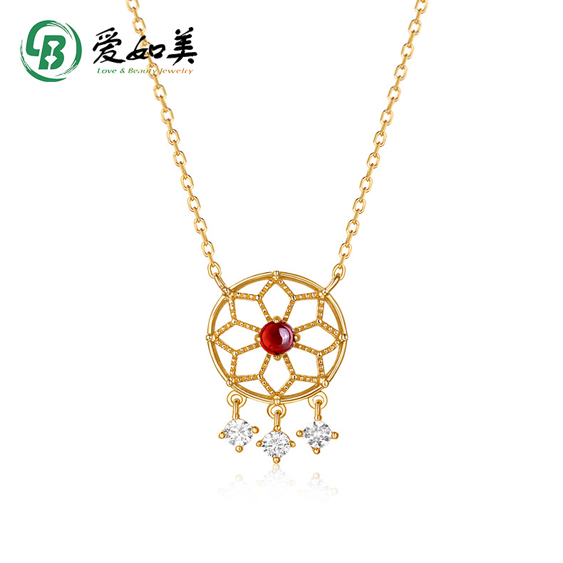 Trendy Retro Hollow Garnet Dream Catcher Necklace Women's Jewelry Customized Silver Plated 9K Gold Wholesale