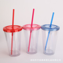 厂家直销新款双层塑料水杯塑料吸管冰杯太空冰杯AS材质吸管杯
