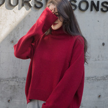 Áo len dệt kim màu đỏ jill lỏng đan len lười gió dày cashmere Áo sơ mi nữ mùa thu và mùa đông Áo len cao cổ