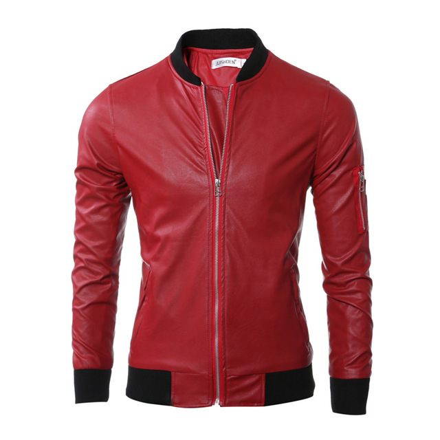 Men’s leather fashion baseball collar design solid color short leather men’s jacket type motorcycle leather