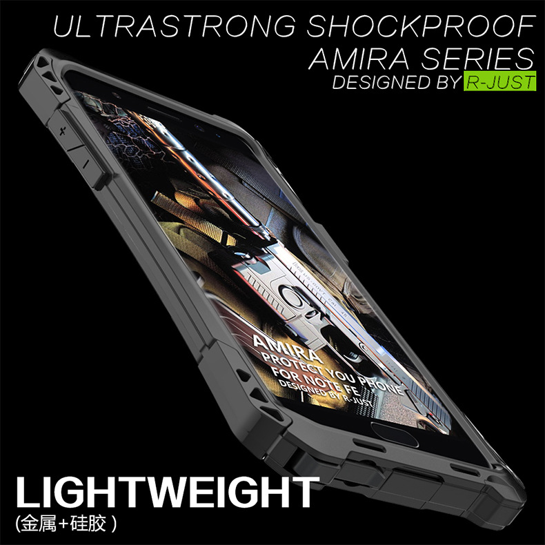 R-Just Amira Heavy Duty Dirtproof Shockproof Rainproof Aluminum Metal Bumper Carbon Fiber Back Cover Case for Samsung Galaxy Note FE / Note 7 N9300