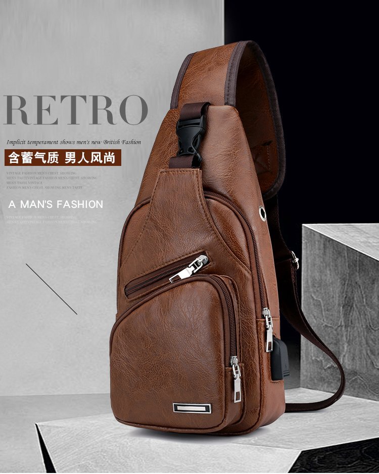 Cross -border explosion USB men's chest bag portable charging casual mesengers outdoor sports PU chest bag