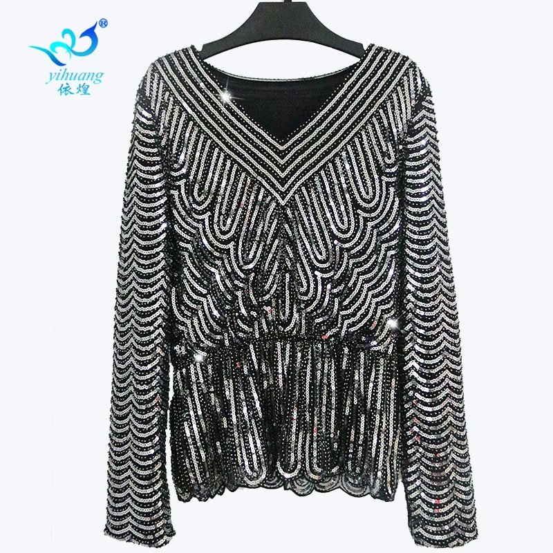 Тяжелая Промышленность Блесток Шифоновая Рубашка Европейское и Американское Бальное Платье День Рождения Ужин Платье Талия Блесток Топ Бисером Рубашка