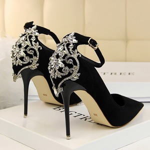 European and American Style Sexy thin women’s shoes thin heel super high heel suede shallow mouth pointed Rhinestone sin