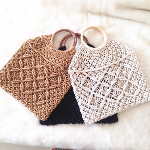 Manufacturer wholesale copper coin buckle woven cotton thread bag round rattan handle straw bag rhombus hollow handbag