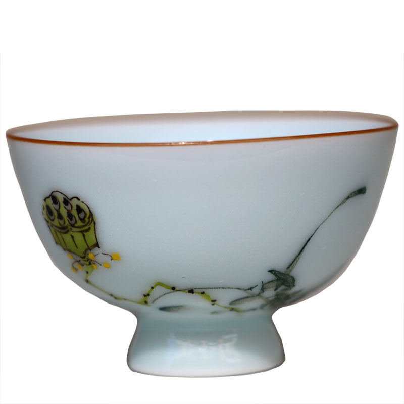 荷花主人杯影青圆形直销 紫金口瓷碗水杯创意高脚酒杯陶瓷手绘杯