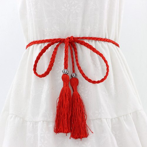 Thin knotted decorative rope waist chain women's ethnic style women's braided tassel cotton silk belt one-piece generation belt