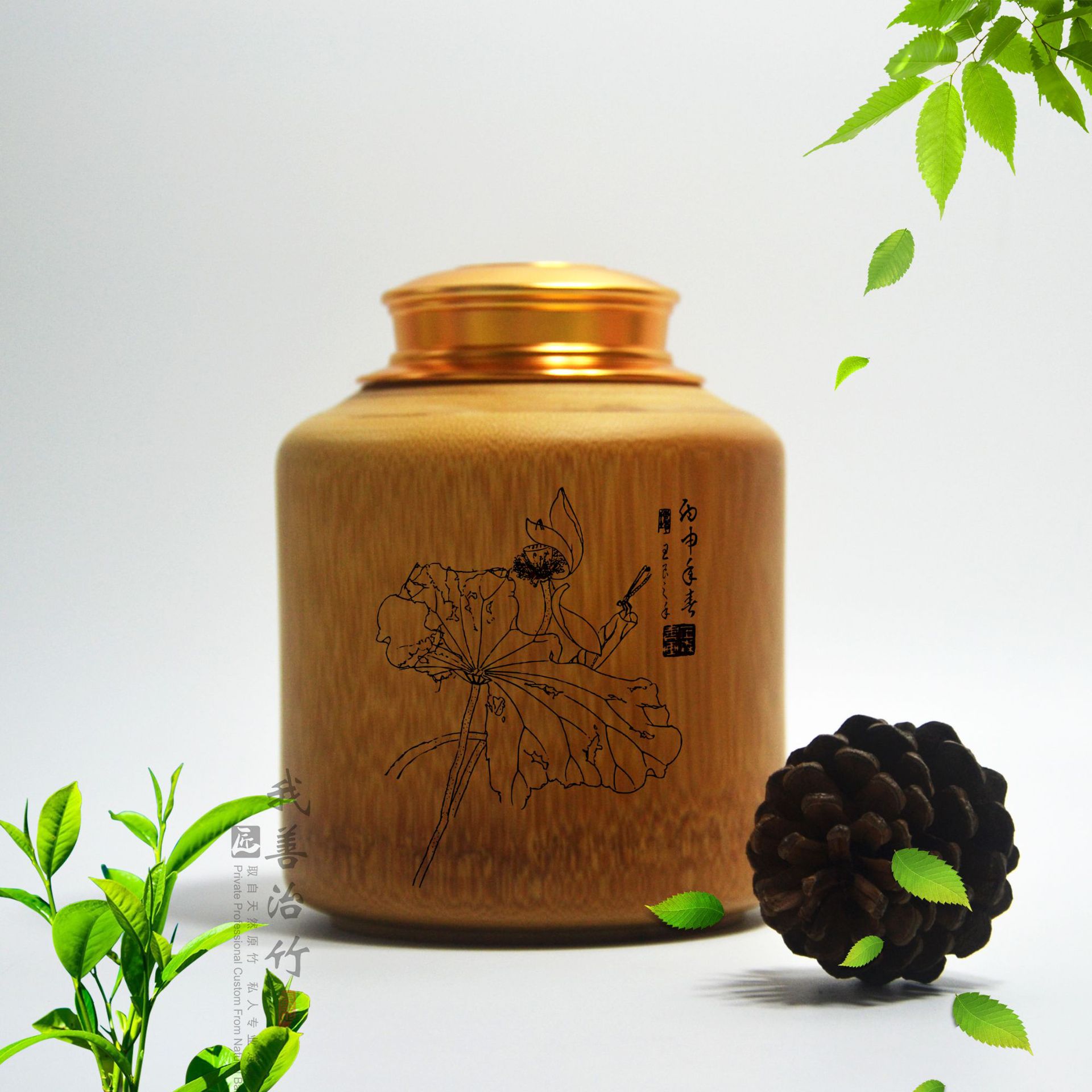厂家直供竹茶叶筒竹包装竹子储物罐金属盖茶罐茶仓密封罐收纳竹罐