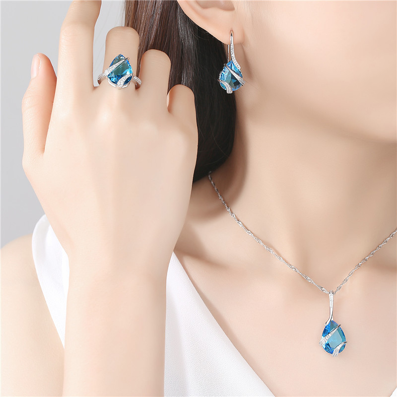 New Aquamarine Water Drop Earrings Necklace Ring Natural Topaz Jewelry Set Wholesale Nihaojewelry display picture 3