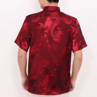 Factory wholesale brocade printed Dragon dark pattern men's short-sleeved Tang suit top buckle morning exercise