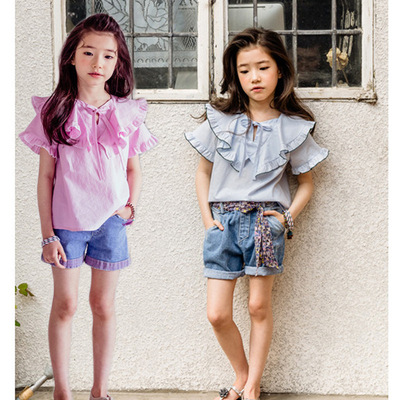 韩版夏女童纯棉荷叶领边娃娃衫短袖2019中大儿童蝴蝶结花边袖衬衣|ms