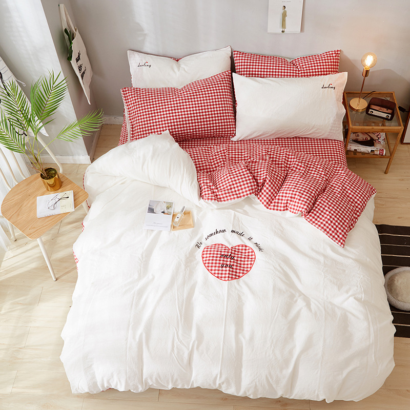 日式全棉水洗棉四件套无印贴布绣ins风简约床单被套1.8床床上用品|ms